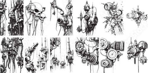 Mechanism set, retro, vintage, steampunk, cyberpunk, decorative elements. Ideal design for social media, cover, banner, flyer, music, ads.