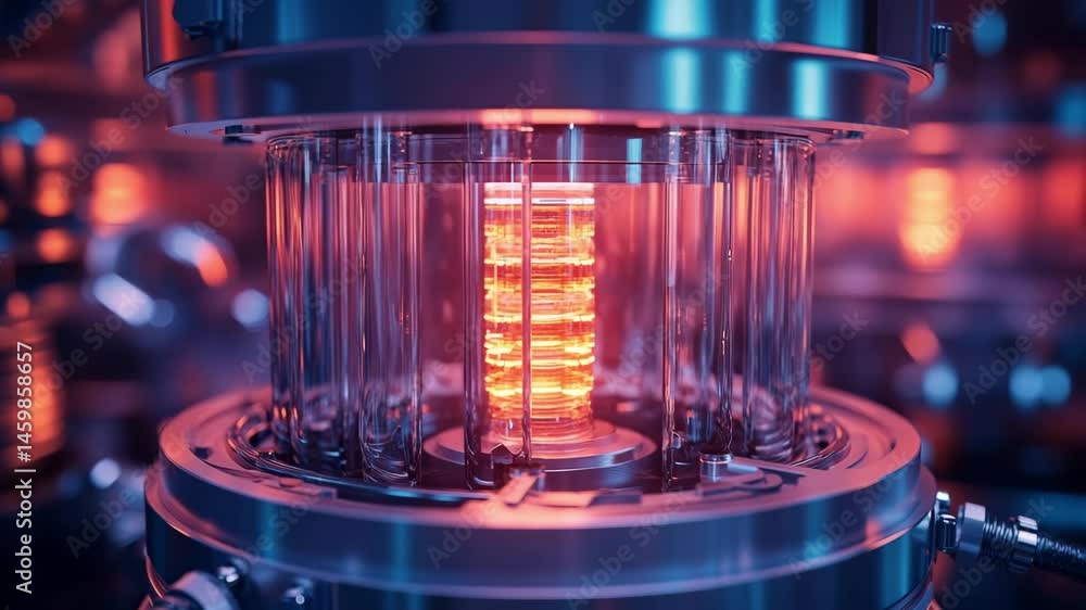 Close-up CGI of a micro-reactor core with visible cooling channels and glowing neutron shield, showcasing futuristic nuclear technology design with precision engineering and schematic lighting.