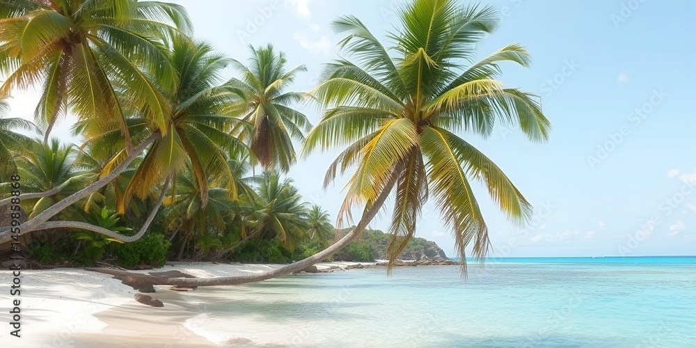 Fototapeta premium Idyllic Tropical Beach Scene Palm Trees Swaying on White Sand Beside Turquoise Ocean