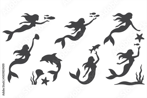 Illustrations of Mermaids, Sea Creatures, and a Pirate Ship for Ocean and Fantasy Designs