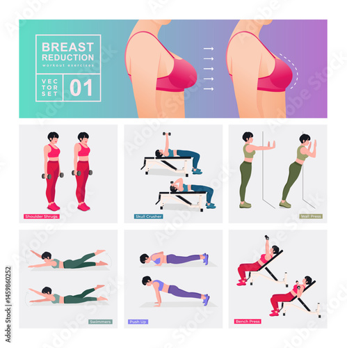 Workout exercises for BREAST REDUCTION. Women doing fitness and yoga exercises.