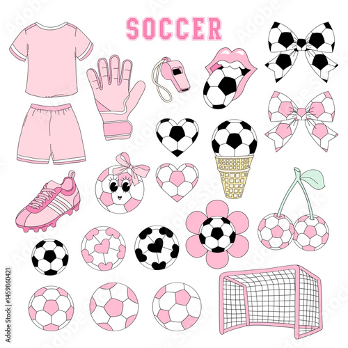 Pink Girlie Soccer team equipment vector clip-art set isolated on white. Girl Sports Game Season Mom hand drawn illustrations