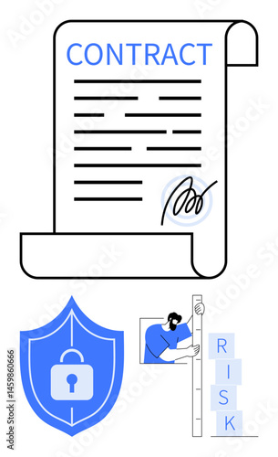 Contract document scroll with signed signature, protective security shield, and a person assessing risk level. Ideal for legal services, security, business strategy, agreements, compliance, risk