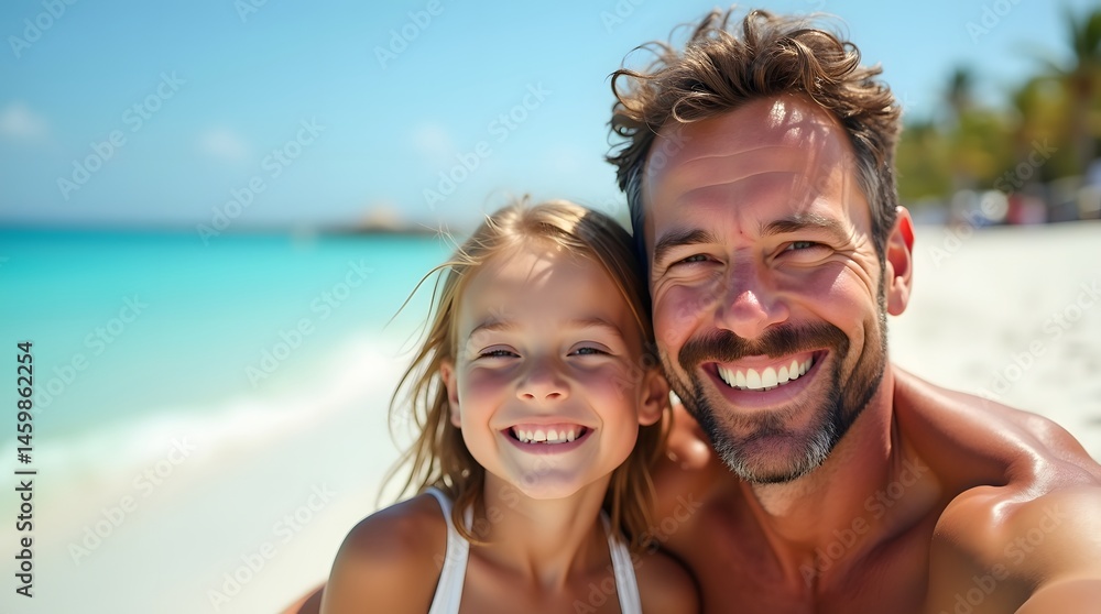 A joyful Caucasian father and daughter enjoying a sunny beach day, capturing a moment filled with laughter and love. A joyful Caucasian father and daughter enjoying a sunny beach day, capturing a moment filled with laughter and love.