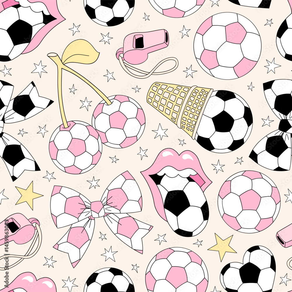 Obraz premium Retro Coquette Pink Girlie Soccer team vector seamless pattern. Girl Sports Game Season Mom background.