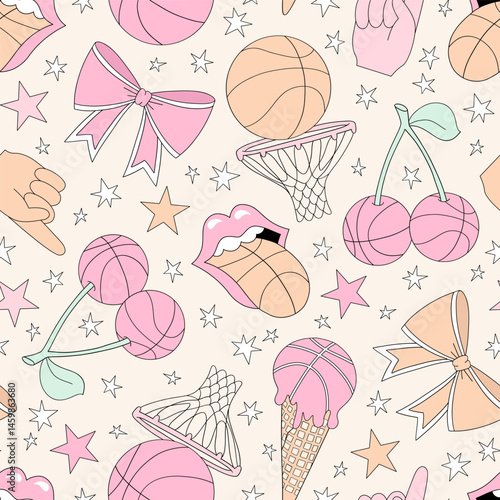 Retro Coquette Pink Girlie Basketball team vector seamless pattern. Girl Sports Game Season Mom background.
