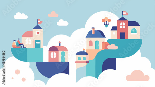 Skyward Suburb A series of quaint cozy homes built atop large fluffy clouds each with various whimsical designs and pastel colors. Residents sit on balconies sipping their drinks