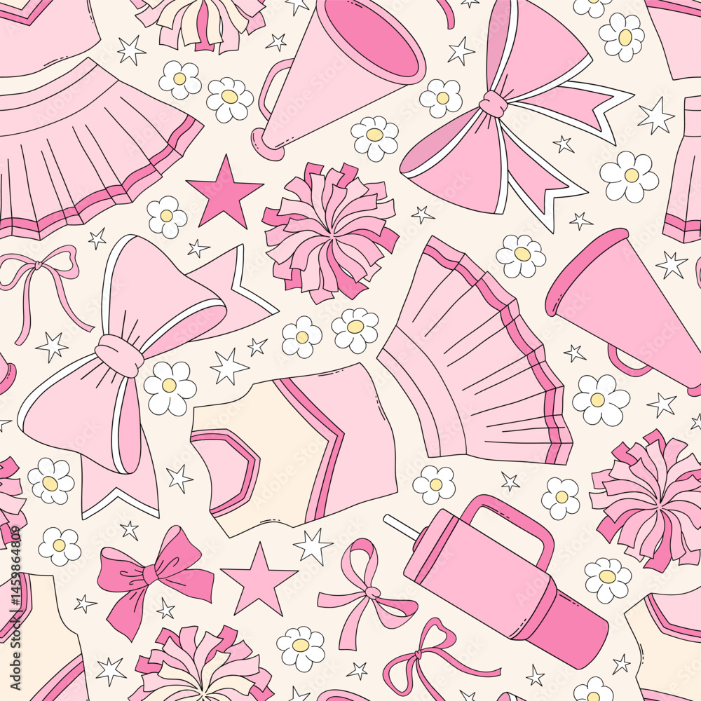 Retro Coquette Pink Girlie Cheerleading cheerleader team vector seamless pattern. Girl Sports Game Season Mom background.