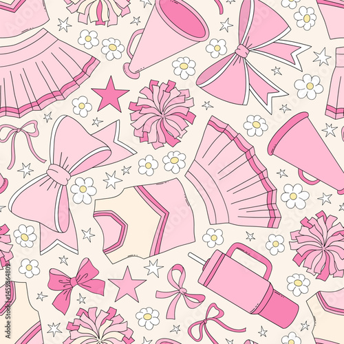 Retro Coquette Pink Girlie Cheerleading cheerleader team vector seamless pattern. Girl Sports Game Season Mom background.