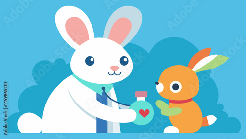 Playful Examination The rabbit doctor is depicted playfully examining a little bunny both wearing eyecatching patterns. The rabbit has a serious but endearing expression while