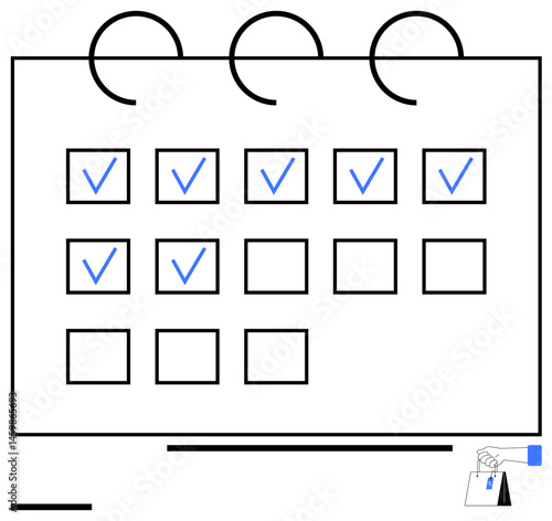 Calendar with checkmarked boxes in rows and columns, symbolizing task completion. Hand holding a sheet adds a productivity theme. Ideal for planning, time management, organization, productivity