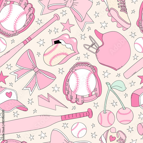 Retro Coquette Pink Girlie Baseball Softball team equipment vector seamless pattern. Girl Sports Game Season Mom background.