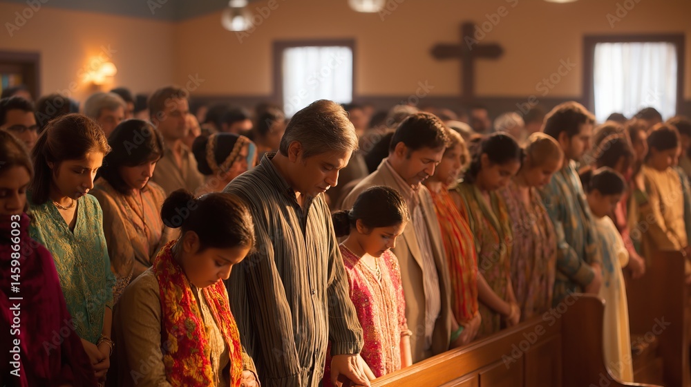 Obraz premium Indian church congregation in prayer, showcasing devotion and spiritual unity in modest surroundings