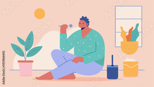 Relaxed Routine A relaxed character perhaps in pajamas is lounging in a cozy bathroom. They hold a large paintbrush while brushing their teeth with a calm expression. The bathroom