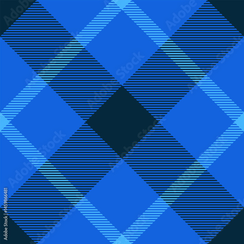 Vibrant blue and navy plaid pattern.  Geometric textile design ideal for fashion, website backgrounds, or packaging.  Modern, stylish, and versatile.  Creates a feeling of energy and sophistication.