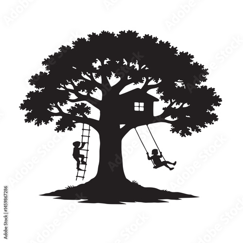 Silhouette of Children Playing on a Tree with a Treehouse