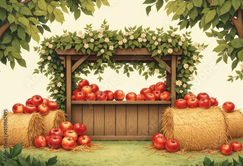 Rustic apple stand surrounded by fresh apples and hay bales
