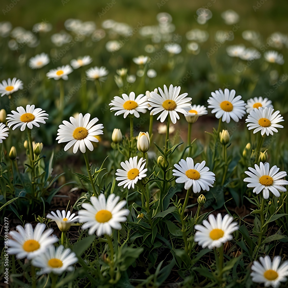 Fototapeta premium White Flowers in a Green Field