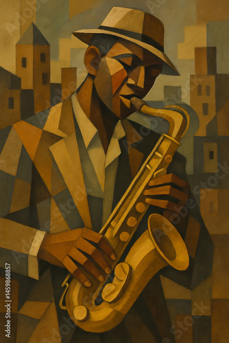abstract painting of an African man playing a saxophone in a cubist style.