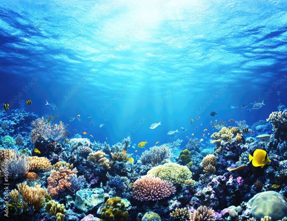 Naklejka premium Vibrant coral reef teeming with colorful fish in a bright, sunlit underwater scene