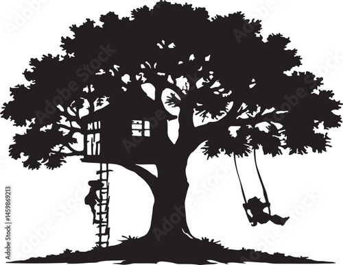 Silhouette of a Treehouse with Swing and Ladder in a Large Tree
