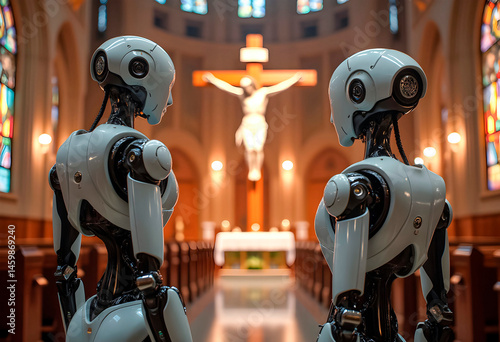Humanoid robot in a church facing altar with crucifix – concept of AI, faith, and future spirituality