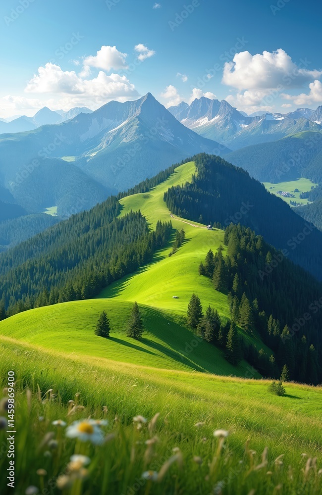 Obraz premium Vibrant summer landscape with green mountains, blue sky. Picturesque view of Alps, green hills, and peaks. Nature, travel, vacation. Scenic environment with sunlight, hiking routes, forest, meadow.