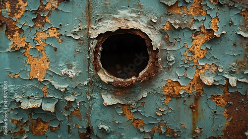 Close-up of rusty teal metal surface with flaking paint and circular hole showing orange rust