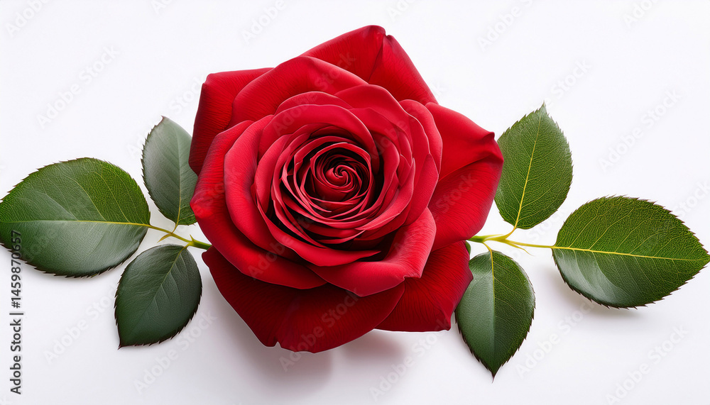 Naklejka premium a red rose with green leaves on a white background