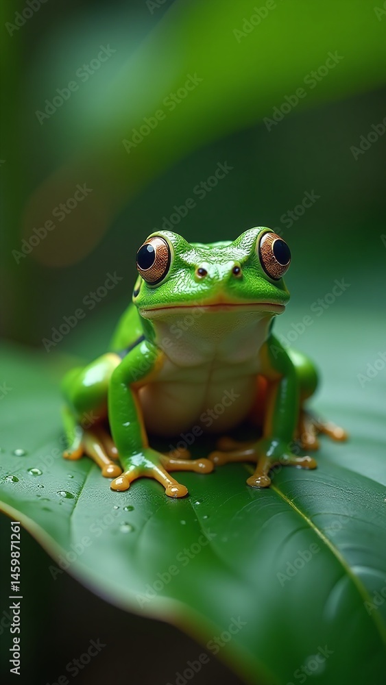 Jungle frog resting on wet green leaf, Vibrant detail in tropical close-up, Moist textures and rainforest humidity, Tiny life in vast wild world Jungle frog resting on wet green leaf, Vibrant detail in tropical close-up, Moist textures and rainforest humidity, Tiny life in vast wild world
