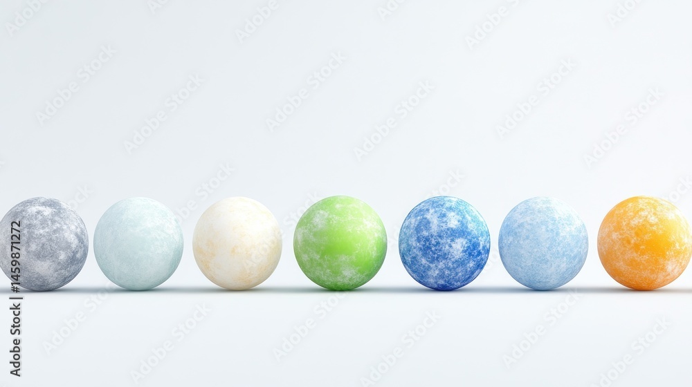 Seven Colorful Spheres in a Row on a White Background Seven Colorful Spheres in a Row on a White Background