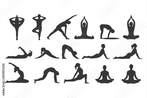 Yoga Pose Collection in Silhouette: Asanas, Stretching, and Meditation