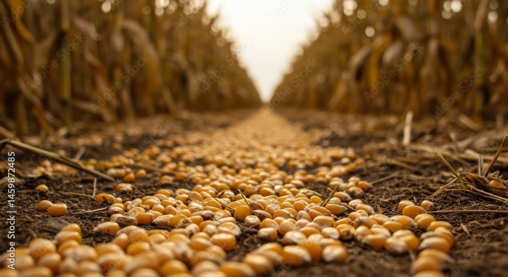 Obraz premium Perspective view across a harvested cornfield with scattered grains and stalks
