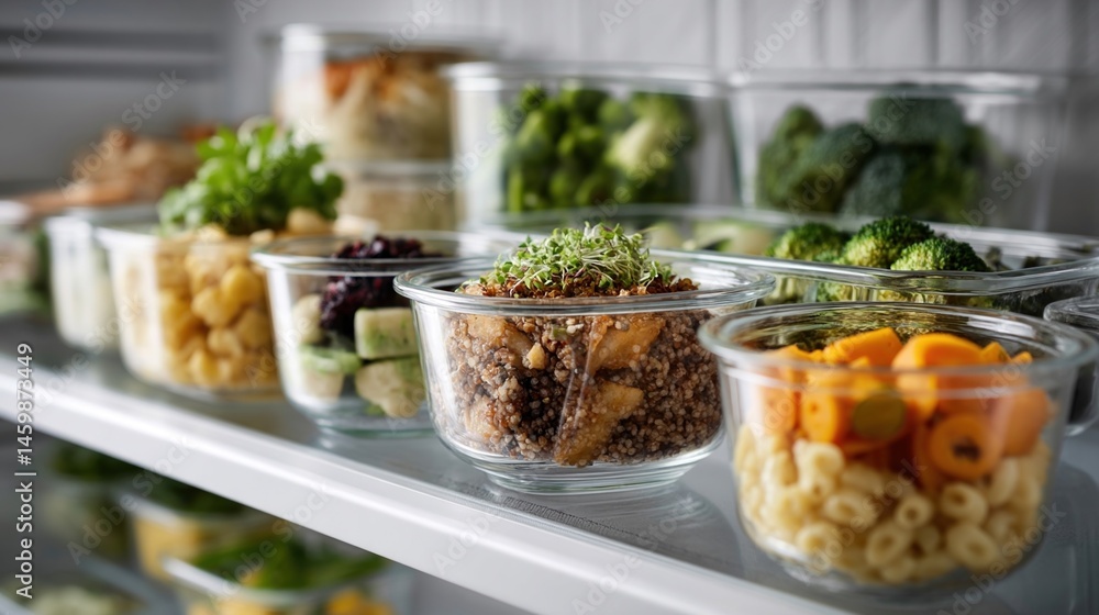 A series of glass containers lined up in a fridge each with a perfectly portioned healthy meal labeled with dates and meal names to ensure freshness and organization.