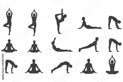 Yoga Pose Collection in Silhouette: Asanas, Stretching, and Meditation