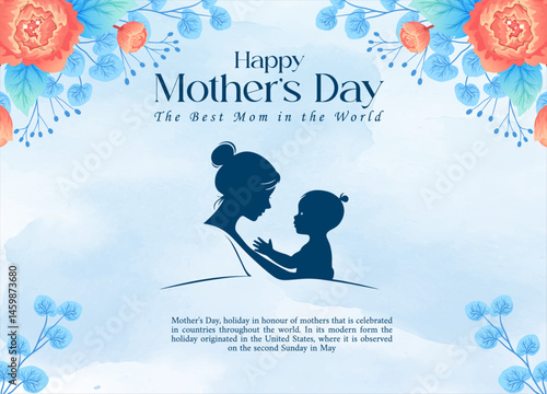 Happy Mother's Day Floral Greeting Card, Mother's Day Post with Watercolor Art, Elegant Mom and Child Silhouette Design, Floral Mother's Day Greeting Illustration, Sentimental Mother's Day Card Design