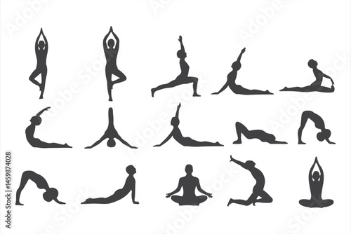 Yoga Pose Collection in Silhouette: Asanas, Stretching, and Meditation
