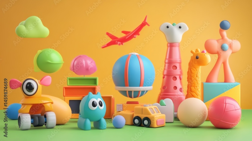 Fototapeta premium A Colorful World of Toys: Joyful 3D Render of Playful Childrens' Toys