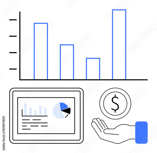Bar chart representing data trends, tablet with pie chart and text, open hand with currency representing finance. Ideal for business analysis, finance, marketing, data visualization, decision-making