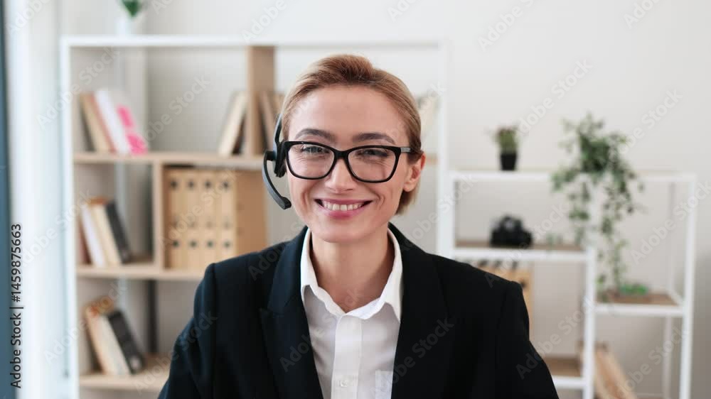 Smiling young caucasian woman wearing glasses and business suit with headset, standing in modern office setting providing customer service. Depicts professionalism, communication skills Smiling young caucasian woman wearing glasses and business suit with headset, standing in modern office setting providing customer service. Depicts professionalism, communication skills