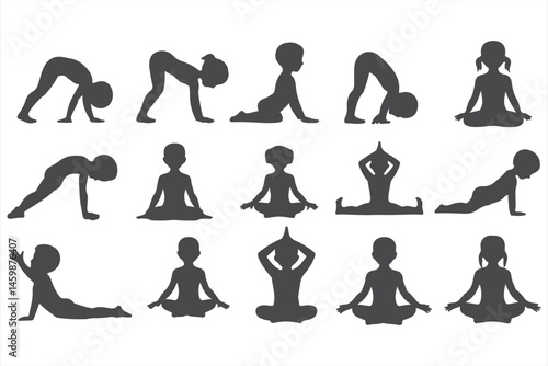 Yoga Pose Collection in Silhouette: Asanas, Stretching, and Meditation