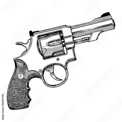 Revolver Pistol Black and White Outline Line Art Drawing Detailed Engraving Style Vintage Illustration