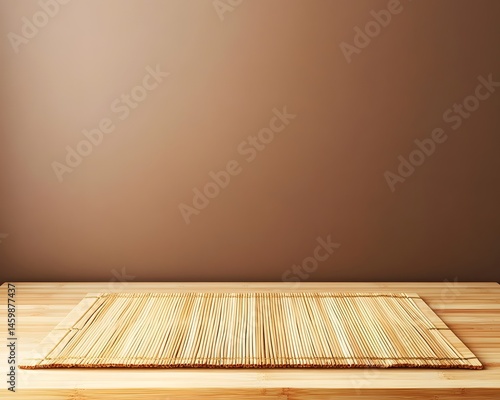Bamboo Placemat on Wooden Table Brown Background Minimalist Mockup