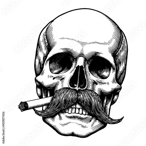 Skull with Moustache and Cigarette in Mouth Black and White Outline Line Art Drawing