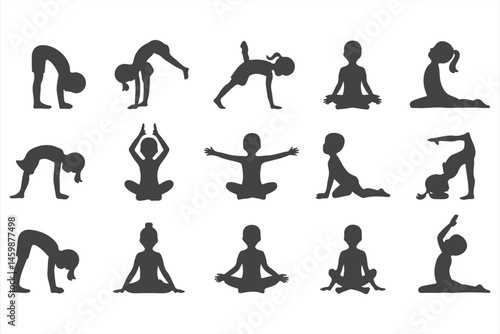 Yoga Pose Collection in Silhouette: Asanas, Stretching, and Meditation