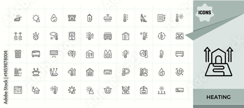 Heating modern icon set. Contain linear symbols temperature, fireplace, hot, heater, boiler, fire, heat and more. Hot icon set. Minimalist vector collections. Pixel perfect. Editable stroke.