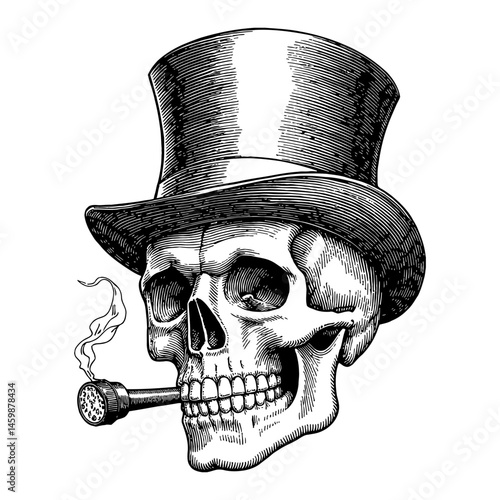 Skull Wearing top Hat and Smoking Cigar Black and White Outline Line Art Drawing