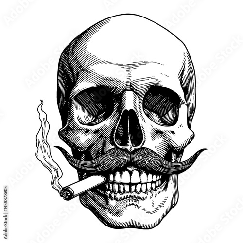 Skull with Moustache and Cigarette in Mouth Black and White Outline Line Art Drawing