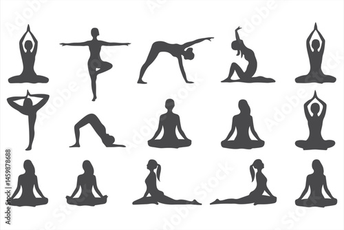 Yoga Pose Collection in Silhouette: Asanas, Stretching, and Meditation