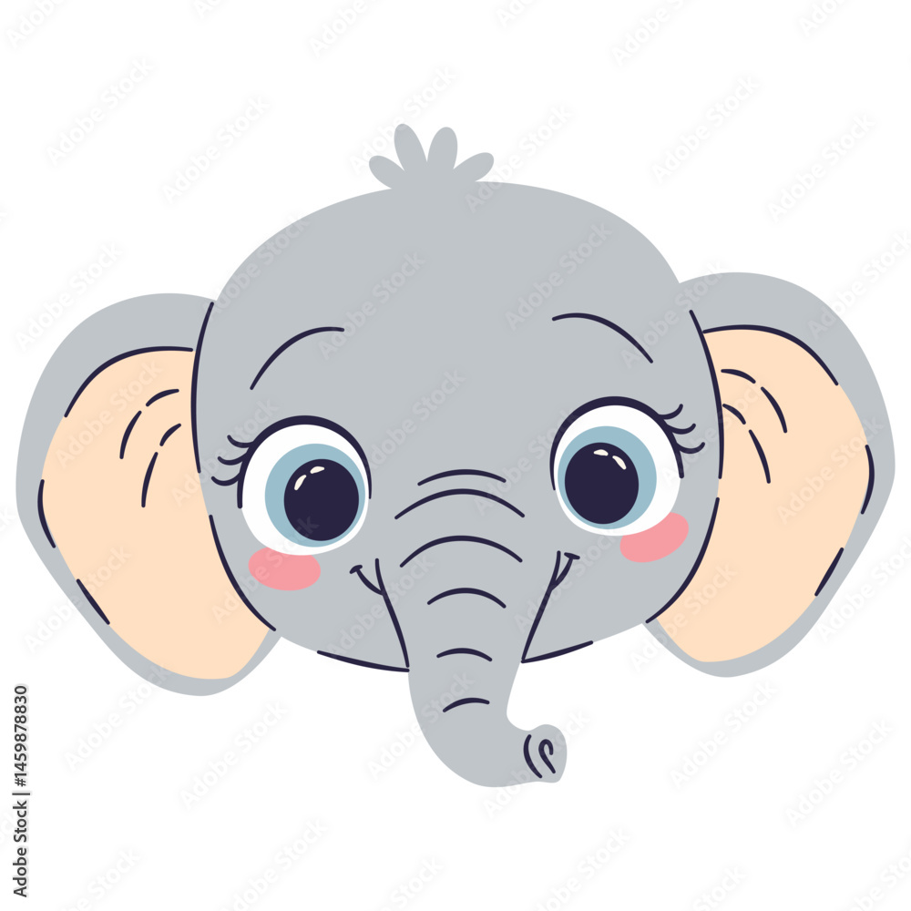 Fototapeta premium Flat vector illustration in cute cartoon children style. Elephant face on white background . Vector illustration
